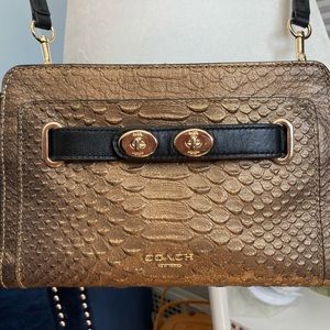 Coach gold glitter bag with black suede sides leather detail and gold hardware